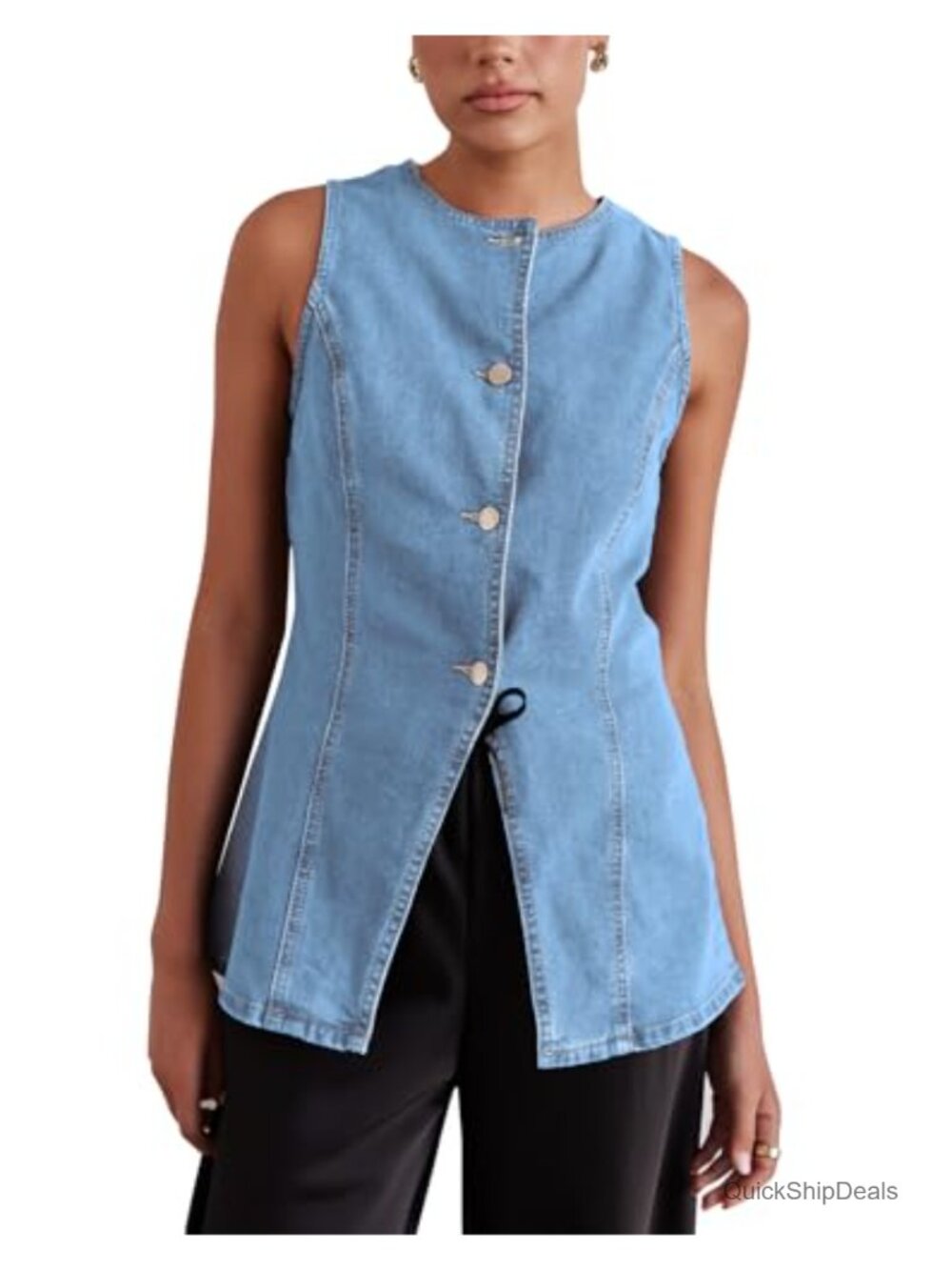 Long Denim Vest Sleeveless Button-Up Back Slit Jean Jacket Vest Y2k